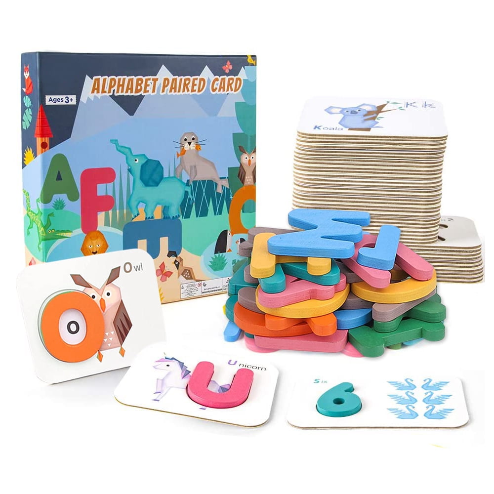 Preschool Educational Learning Puzzles for Kids Animal Numbers and Alphabets Flash Cards for Toddlers Age 1 2 3 4 Years Old Wooden Letters & Numbers Flashcards ABC Montessori Toys 