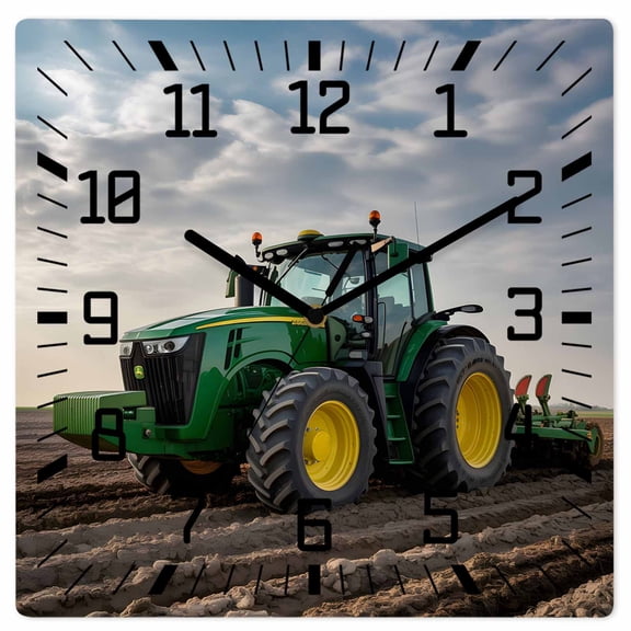 Farm Tractor Wooden Wall Clock Silent Non Ticking, Green Truck Country Rustic Field Harvester Square Wall Clocks Battery Operated, Decor Clock for Home Office, Living Room, Kitchen, 12 Inch