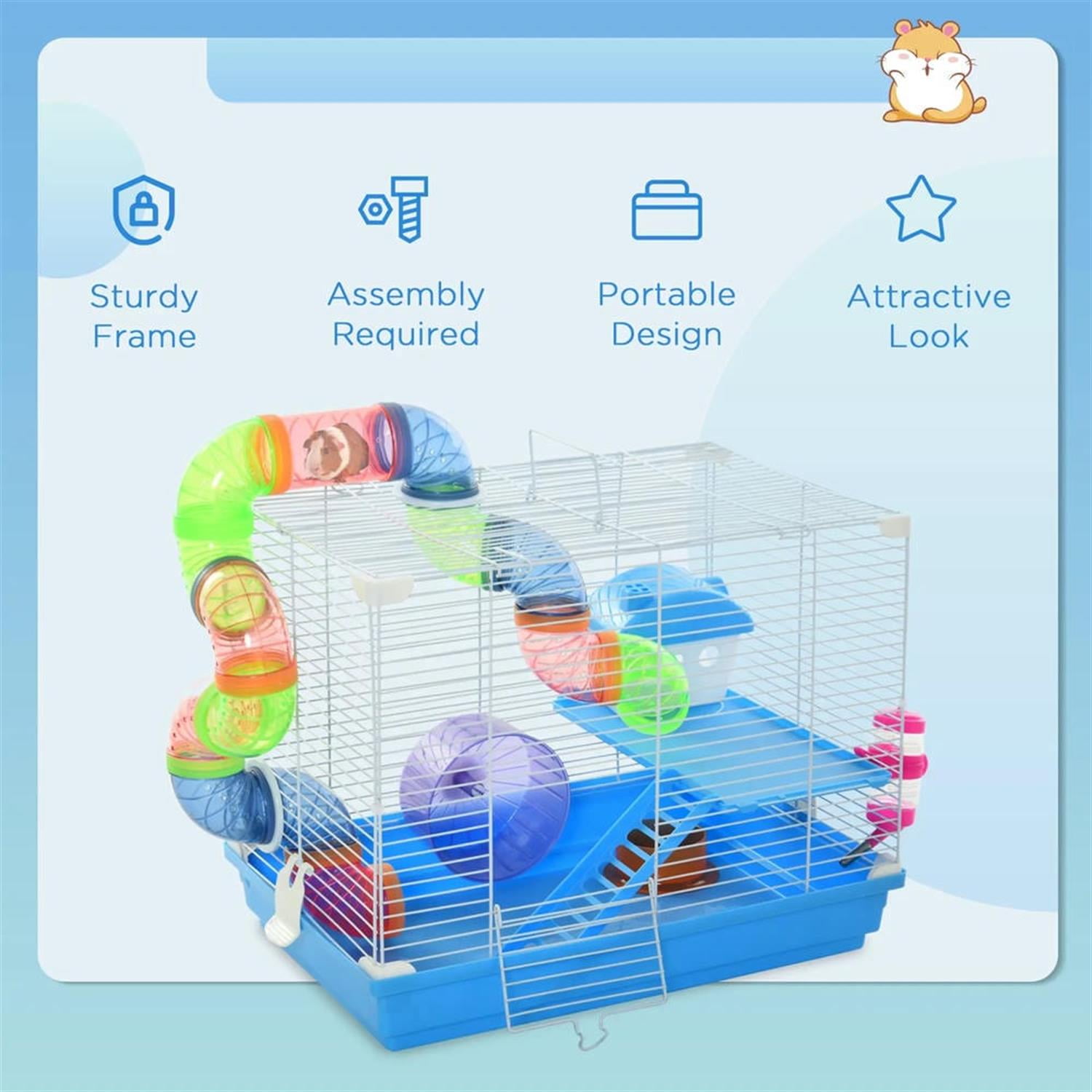 Kadyn 18" Large Hamster Cage, Gerbil Cage with Exercise Wheel, Water Bottle and Play Tubes for Syrian Gerbil, 2 Tiers Small Animal Habitats, Blue