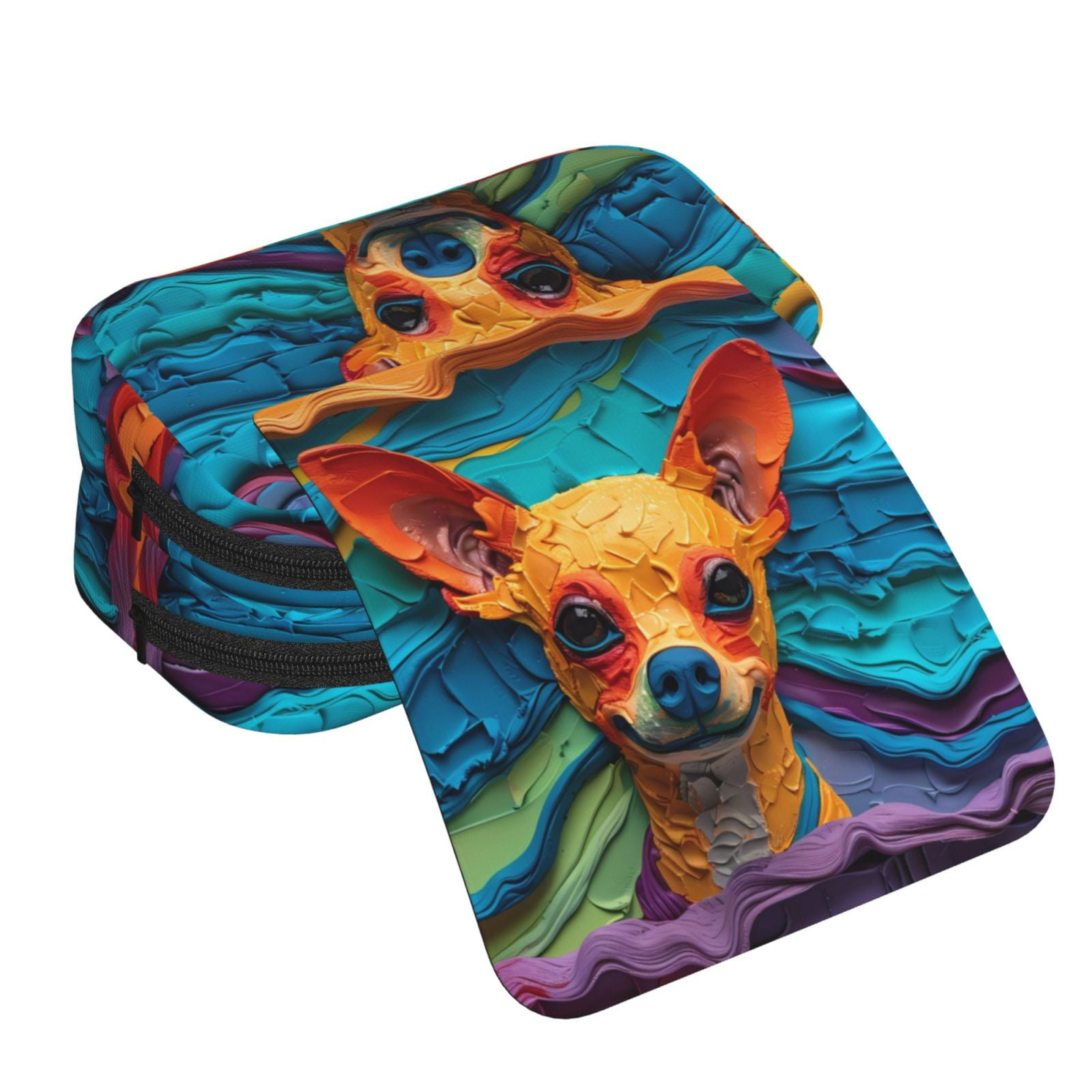 Rateoe Colorful Textured Chihuahua Pattern Double Clamshell Pen Case, Storage Organizer with Two Zipper Compartments– Holds Up to 50 Pencils & Pens
