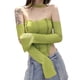 thumbnail image 4 of Lucakuins - Camiseta corta con hombros descubiertos para mujer, manga larga, color sólido, halter, dobladillo irregular Lucakuins  moda, 4 of 9