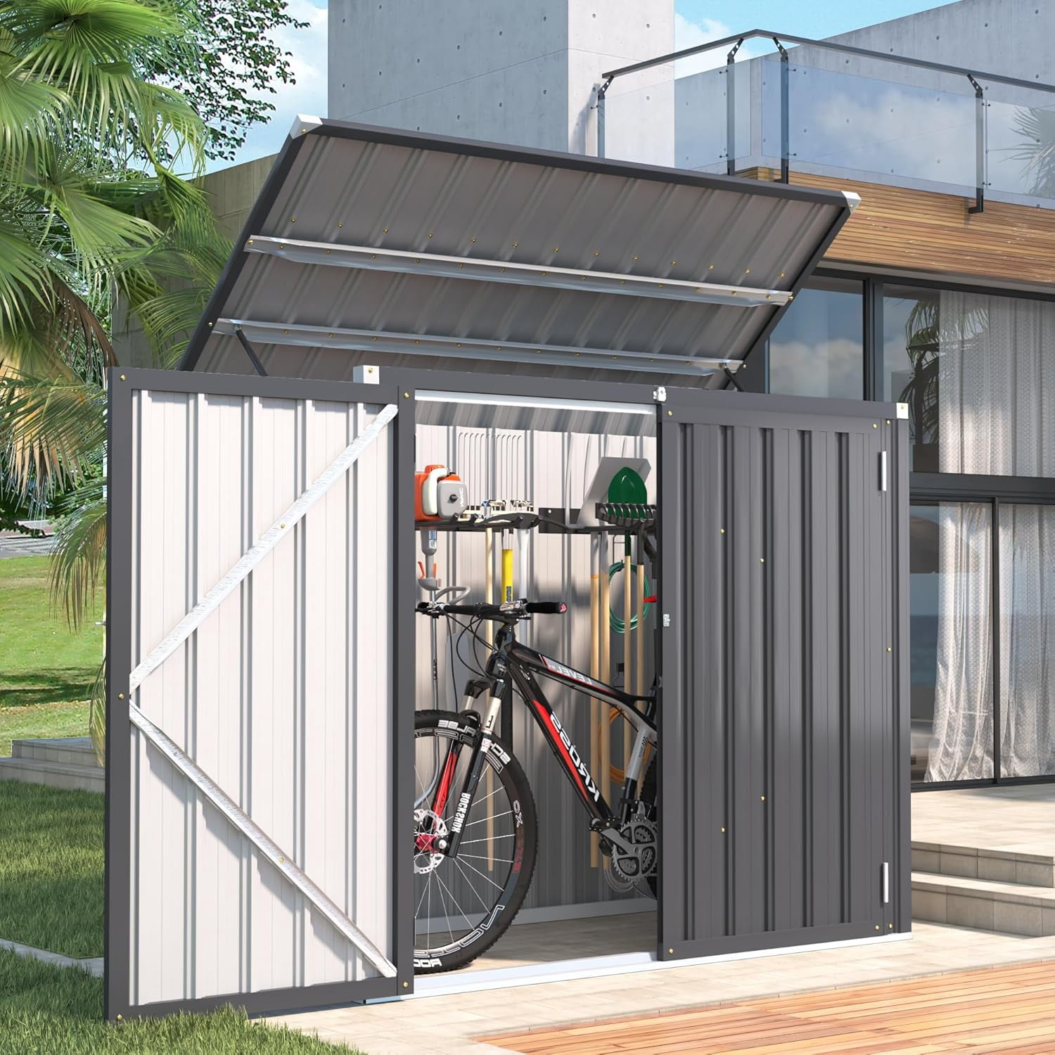 AECOJOY 46 Cu ft. Outdoor Trash Can Storage Shed Waterproof Horizontal Storage Cabinet in Dark Gray