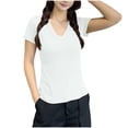 thumbnail image 4 of hlysgo Women's Deep V Neck Tops Low Cut Short Sleeve Slim Fit Shirts Comfy Summer Tee White,XL, 4 of 4