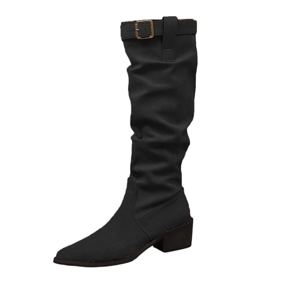 Women's Knee High Boots Suede Slouchy Pointed Toe Belt Buckle Chunky Heel Knight Boots
