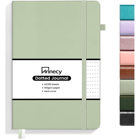 Numbered Bullet Dotted Journal Notebook, Medium 5.5x 8.25, 160 Pages 100GSM Writing Paper, A5 Grey Green Faux Leather Cover with Pen Loop