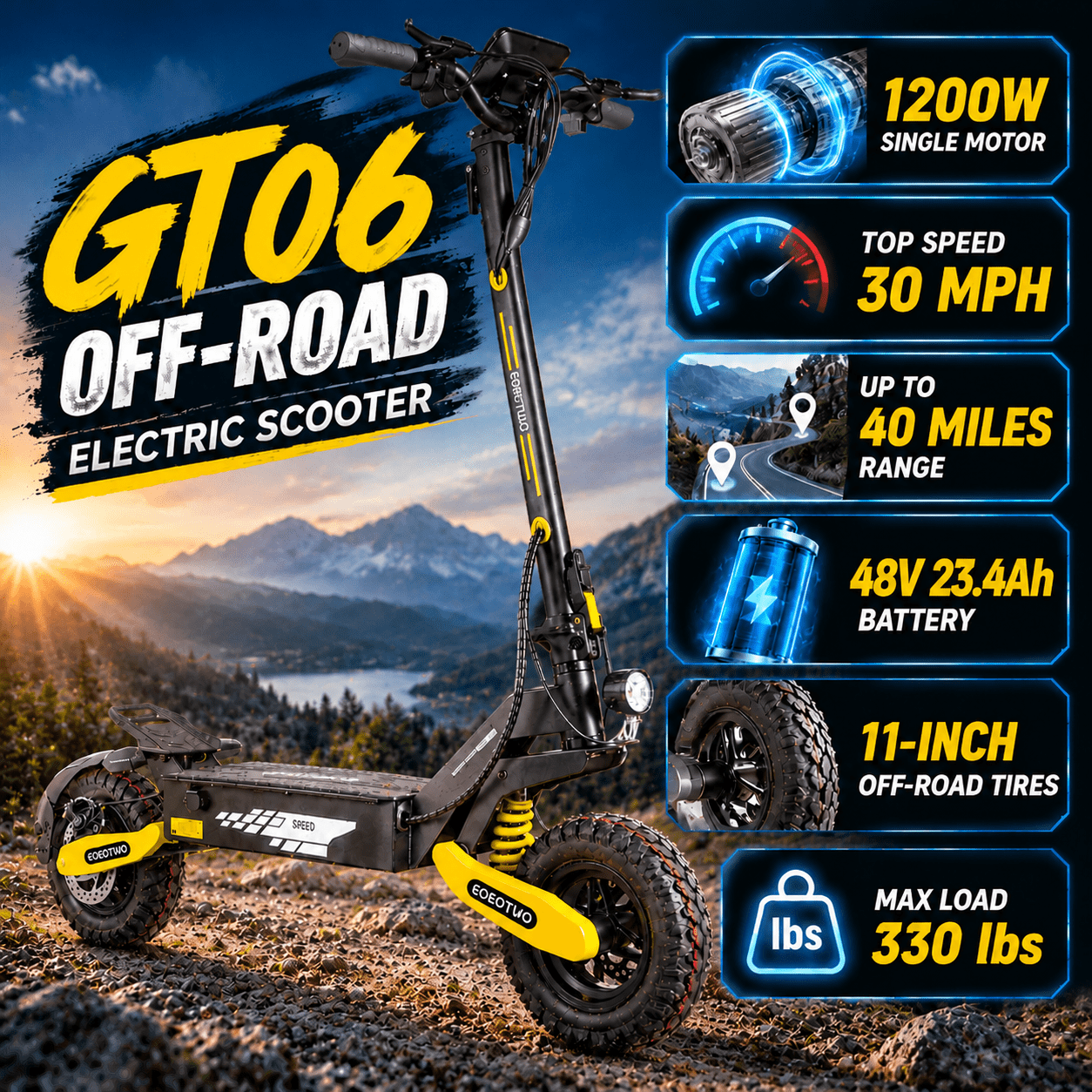 EOEOTWO Electric Scooter for Adults, 1200W Motor Up to 30MPH, 48V 23.4Ah Battery 40 Miles Range, 11" Off-Road Tires E-Scooter with Full Suspension UL2272