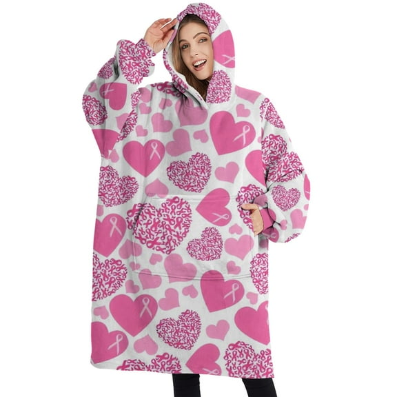 Oversized Wearable Blanket Hoodie,Pink Breast Cancer and Love Sherpa Blanket Hoodie with Super Pockets,Super Warm Fuzzy Pullover for Women & Men