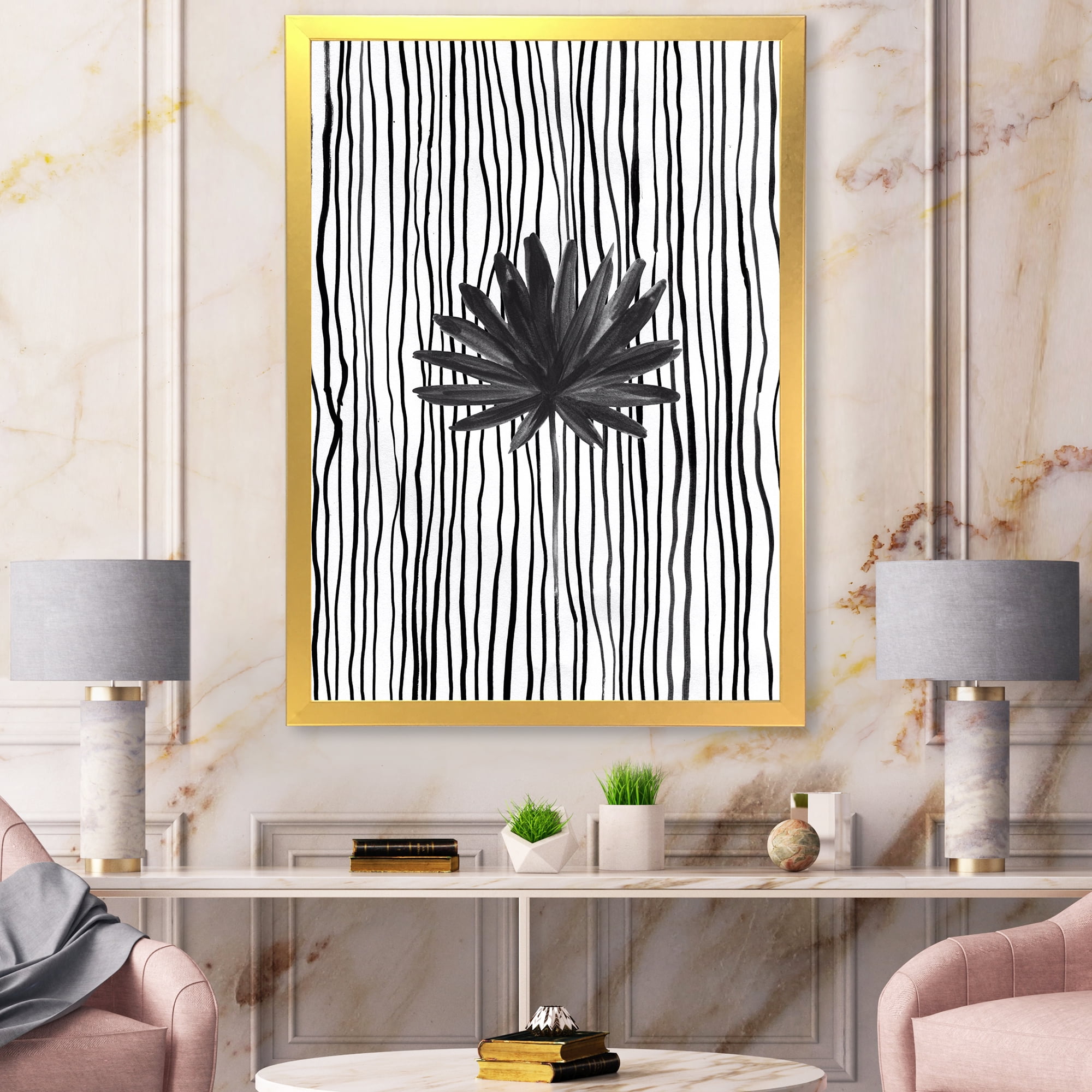 Designart 'Black and White Striped Under Tropical Leaf III' Modern Framed Art Print