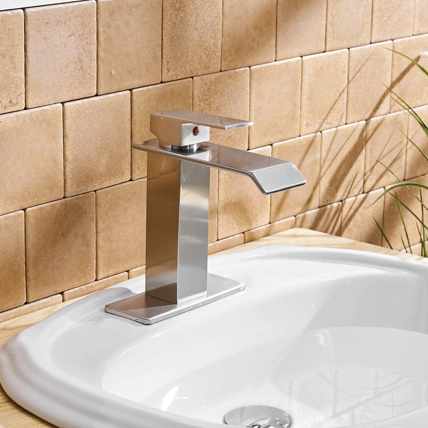 BWE Vessel Sink Faucet with Drain Assembly Without Overflow and Supply Hose Lead-Free Lavatory Waterfall Brushed Nickel Bathroom Faucet Single Handle One Hole Mixer Tap Tall Body Matte - image 3 of 16