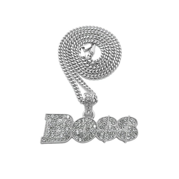 iJewelry2 Urban BOSS Script Pendant with Crystals Encrusted Silver-tone Cuban Chain Necklace
