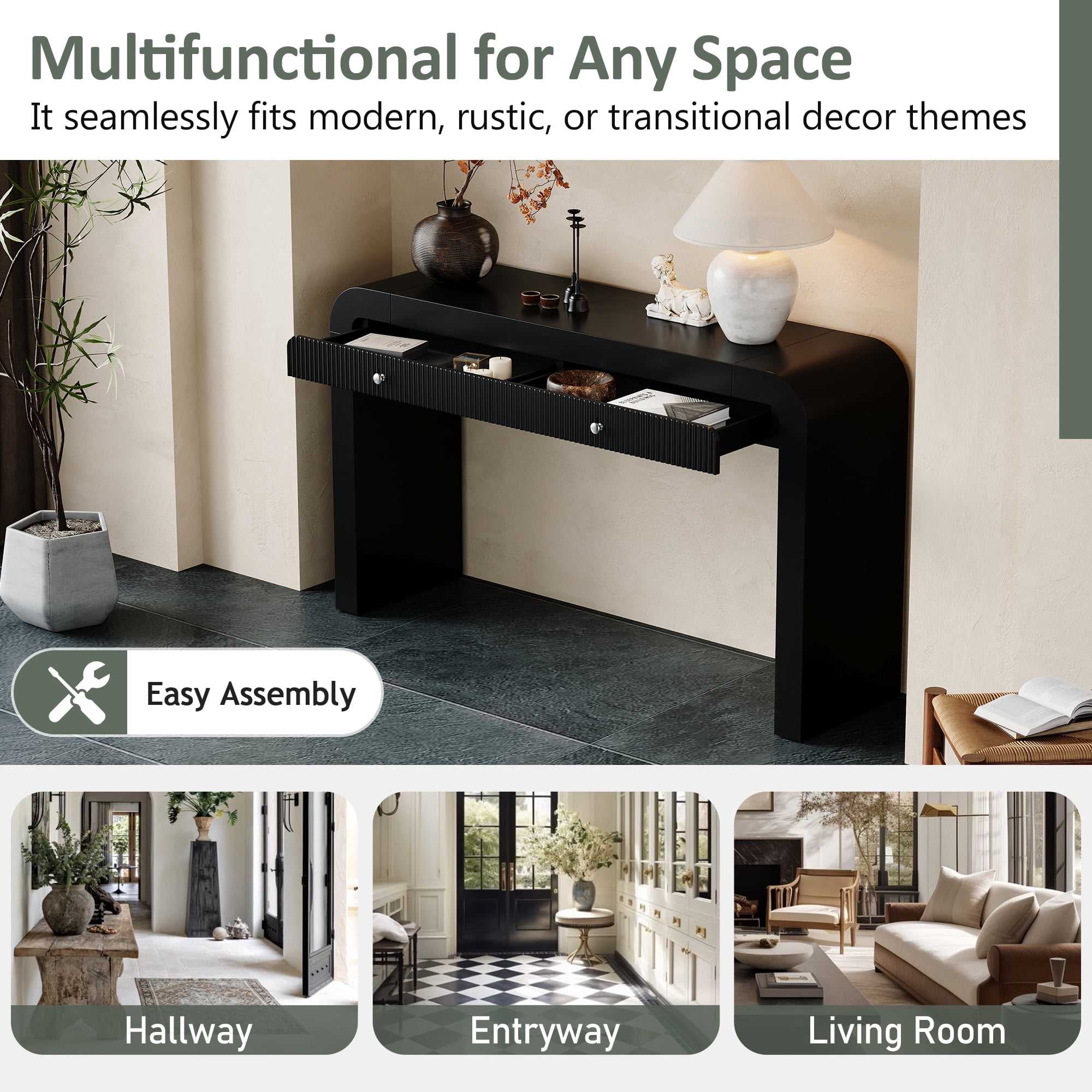 EUROCO 54" Long Console Table,Rustic Entryway Table with 2 Drawers,Wood Sofa Table Behind Couch Accent Table for Hallway & Living Room,Black