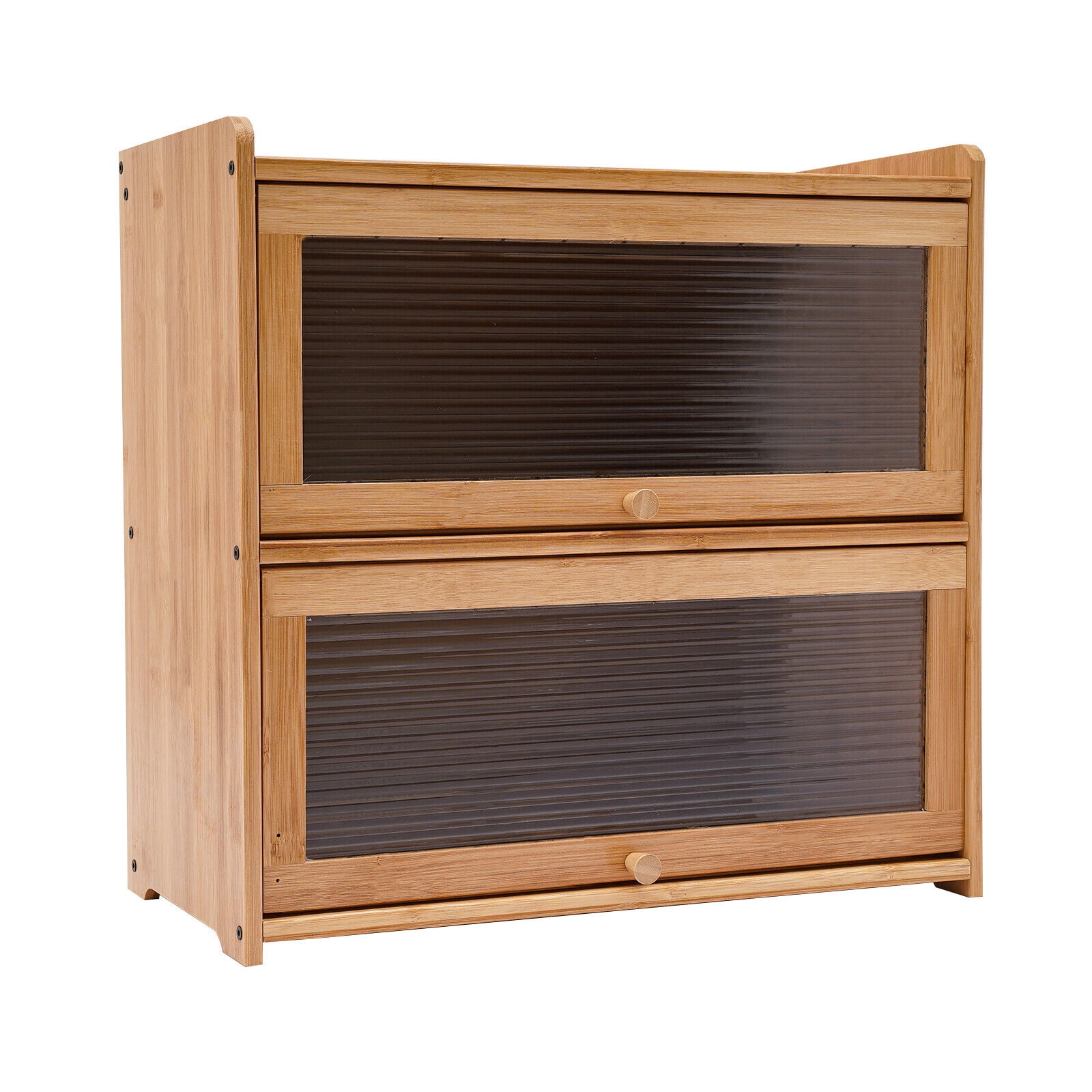 Countertop Storage Cabinet, Multipurpose Organizer Cabinet w/Glass Doors, Bamboo Kitchen Pantry Sideboard, Console Dining Cupboard (Primary Color, Lamps not Included, 20.5" D x 9.8" W x 19.7" H)