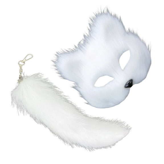 Mask and Tail for Women Girls Fuzzy Cats Foxes Wolf Mask Tail Keychain Cosplays Halloween Costume