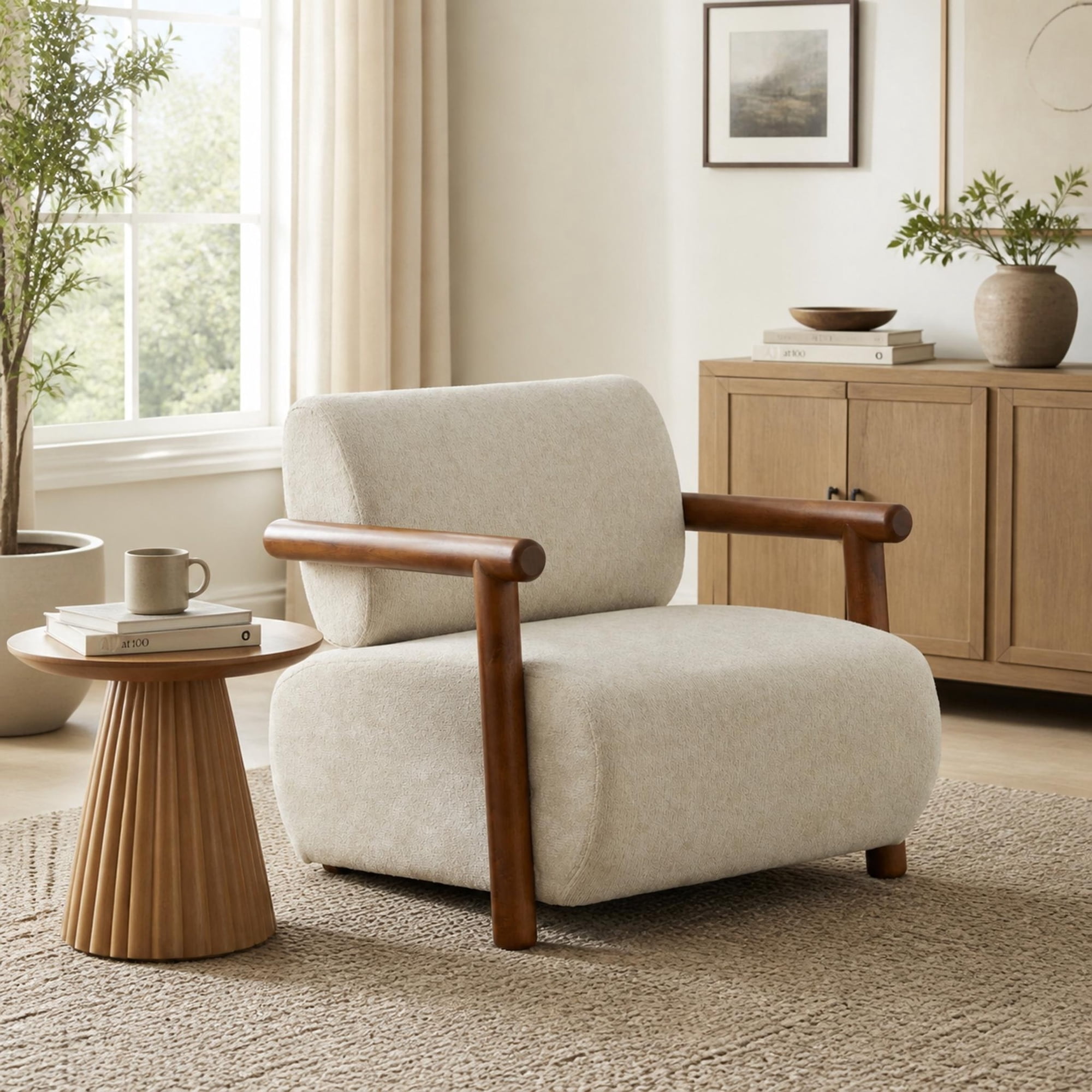 Christopher Knight Home Modern Accent Lounge Chair  Chenille Upholstery with Solid Wood Arms  Almond