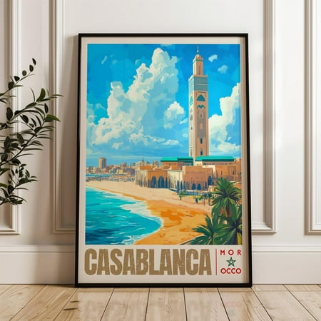 Casablanca Travel Poster - Morocco Wall Art Print, Illustration Artwork, Home & Office Decor, Gift Idea, Hassan Ii Mosque Travel Print Wall Art, Modern Wall Decor, 16x24 UNFRAMED