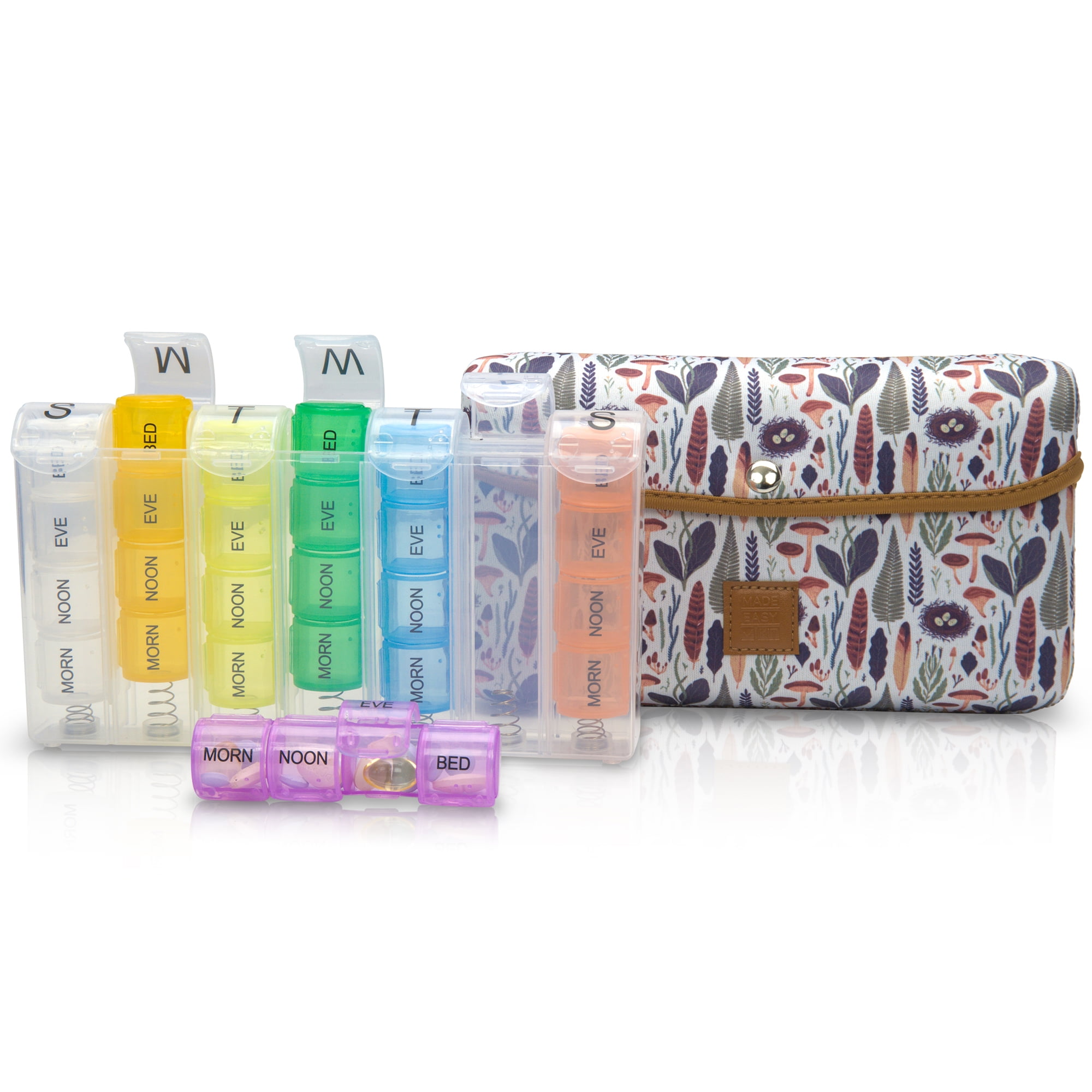 Made Easy Kit Pill Case Large 7-Day / 28 Compartments in Neoprene Carrier with Storage Pill Box in Daily in Morn, Noon, Eve, Bed A Weekly Vitamin, Med