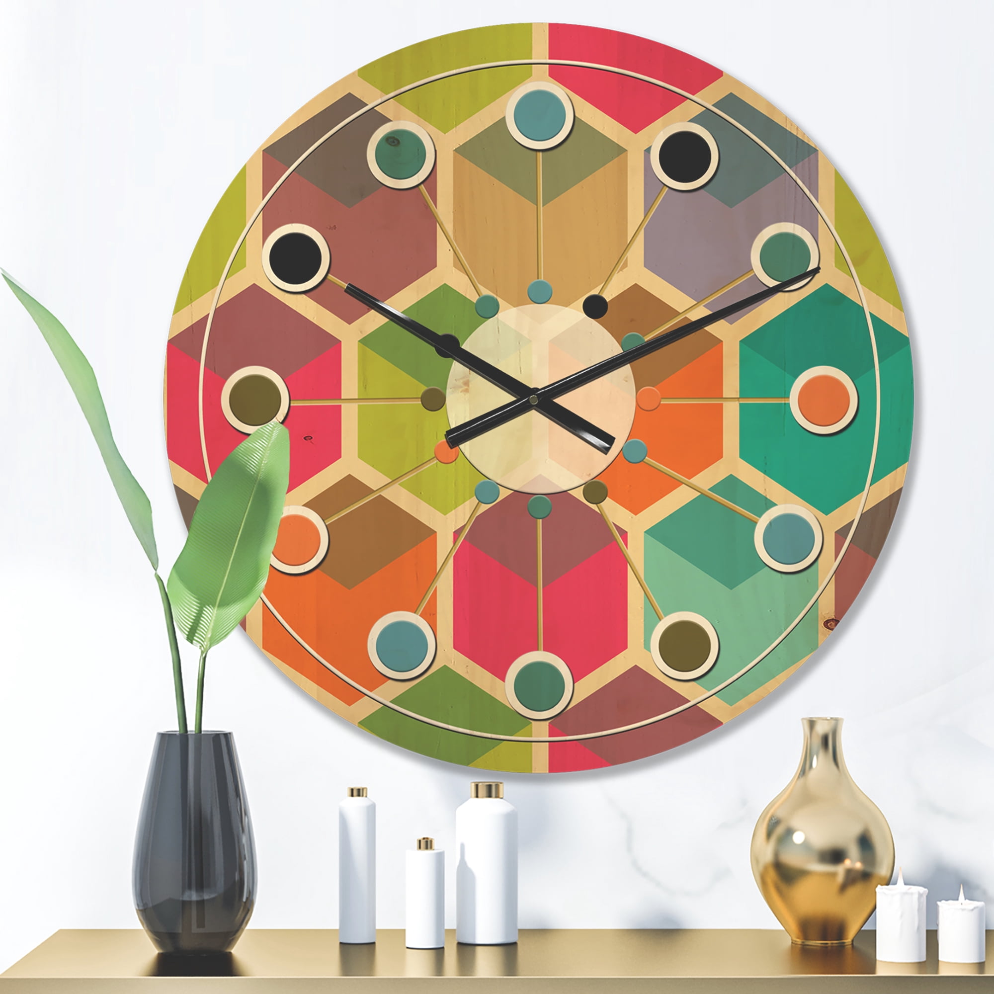 Designart 'Hexagon Retro Pattern I' Mid-Century Modern Wood Wall Clock