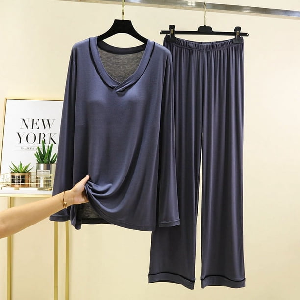 Traje de casa para mujer, conjunto de dos piezas con escote en V para casa de primavera y otoño con pijama con almohadilla para el pecho