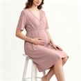 thumbnail image 5 of Women Maternity Solid Dress Summer Short Sleeve V-Neck Pleated Waist Dress Casual Breathable Pregnancy Clothes Pink XXL, 5 of 7