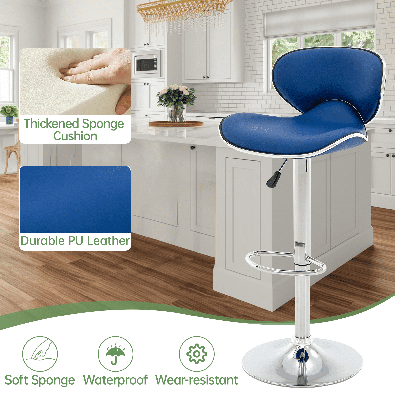 Bar Stools Set of 2, Adjustable Swivel Barstools, Modern PU Leather Counter Height Stools with Back and Footrest for Island, Dining, Bistro, Pub (Blue)