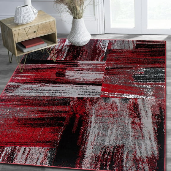 HR HANDCRAFT RUGS HR Red, Grey, Silver, Black, Abstract Contemporary Design Brush Pattern Rug 5' x 7'
