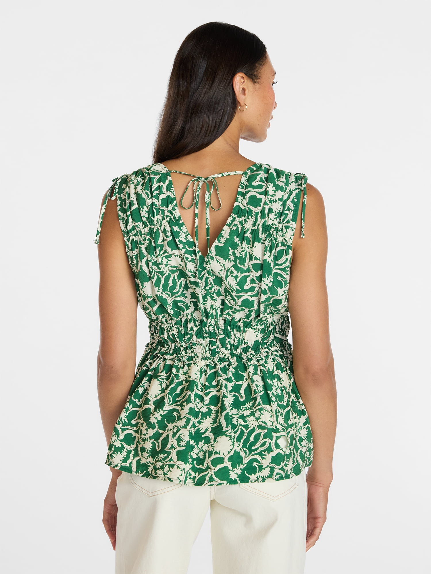 Time and Tru Women's Ruched Tie Shoulder Top, Sizes XS-XXXL