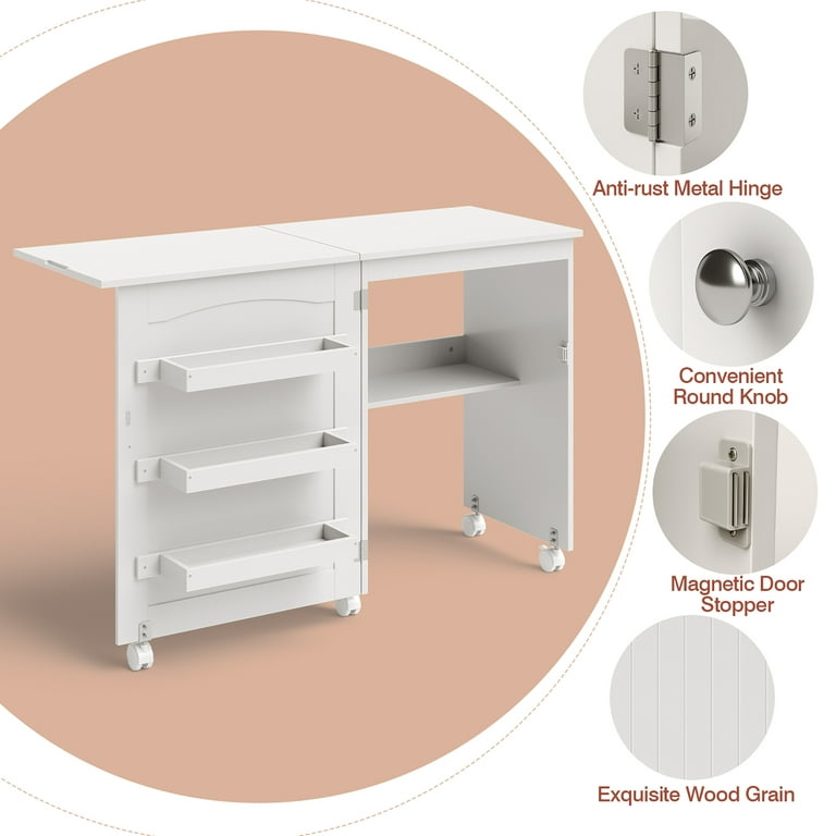 Costway White Folding Sewing Craft Table with Storage Shelves