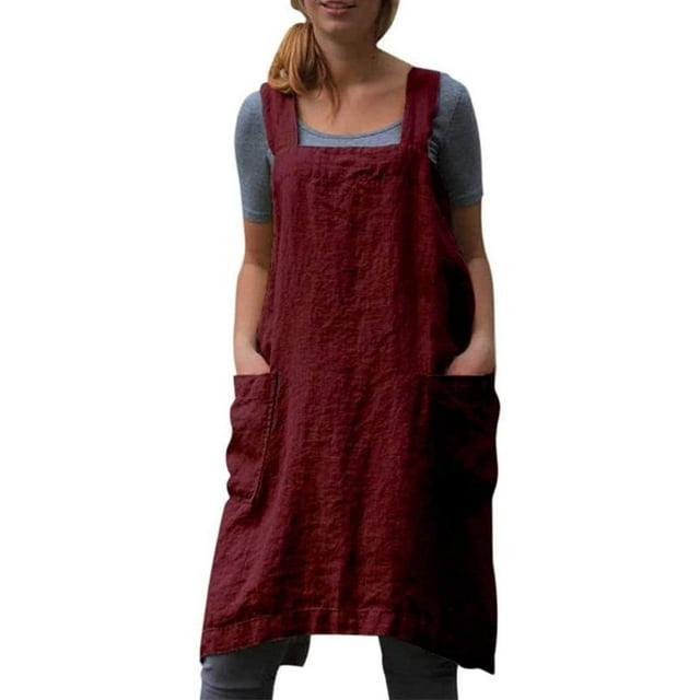 Tablier en Coton et Lin à Dos Croisé pour Femmes avec Poches, Tablier-Robe pour la Pâtisserie et la Cuisine