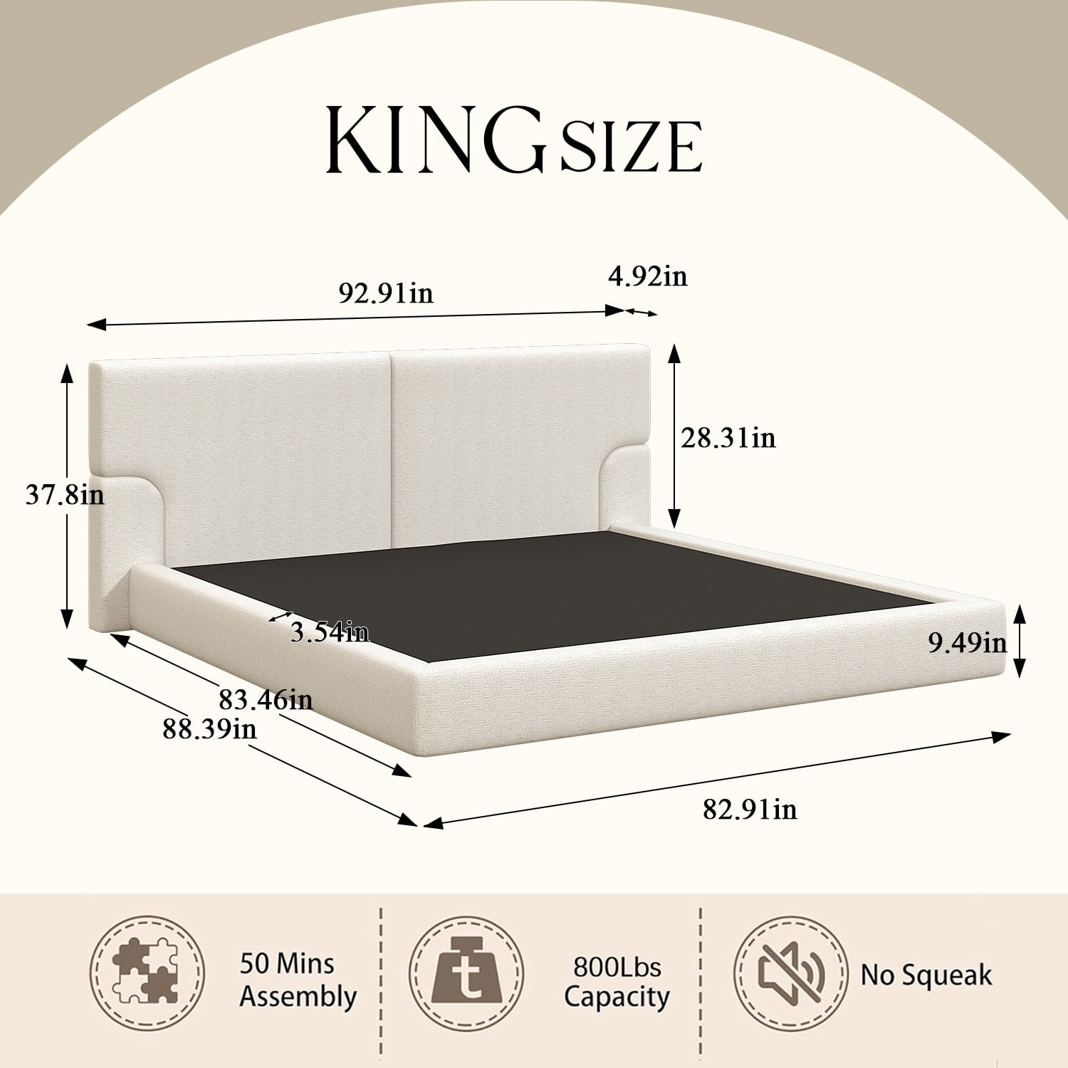 Miniyam King Upholstered Platform Bed Frame with 4.92" Padded Headboard, Jacquard Fabric Low Profile Bed, Cream White