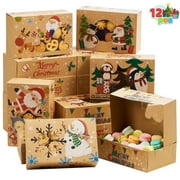 Joyfy 12 Pcs Christmas Cookie Boxes for Gift Giving, 8.75" x 5.75" x 2.75" Xmas Holiday Treats Cookie Tins with Window, 6 Designs Brown Kraft Bakery Boxes for Pastries, Cupcakes, Brownies, Doughnut