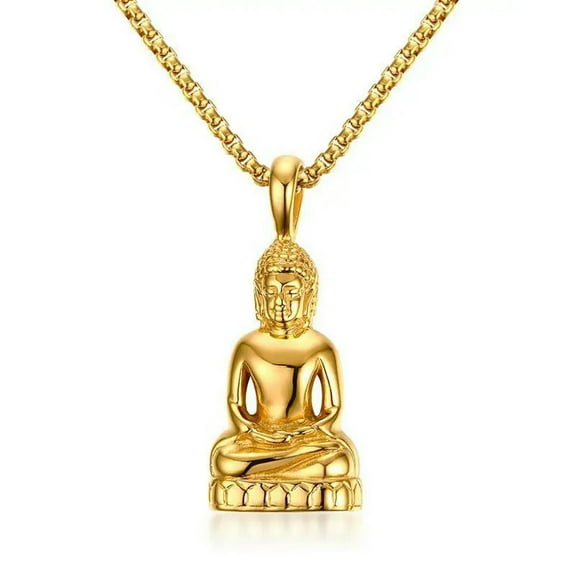 18K Gold Plated Buddha Statue Pendant Men's Stainless Steel Religious Necklace