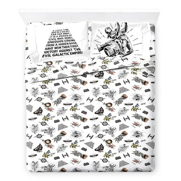 Jay Franco Star Wars Ensemble de Draps Taille Complète - Ensemble de Literie Super Doux 4 Pcs - Draps en Microfibre pour Enfants Comprend des Housses de Coussin Réversibles