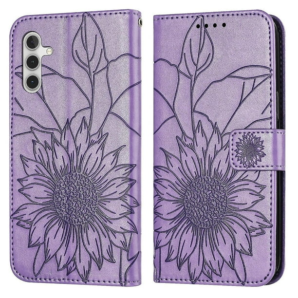 Funda tipo cartera con girasol grabado para Samsung A34 5g, multifuncional, elegante y con protección total.
