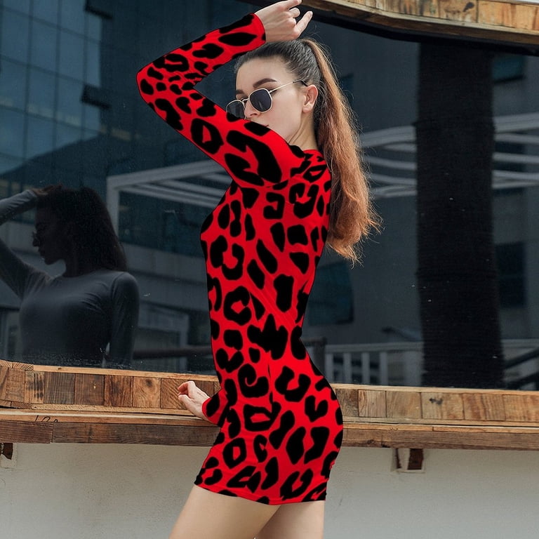 Red And Black Leopard Print Women's Long Sleeve Bodycon Dress Soft Stretchy  For Everyday Wear And Special Occasions - Walmart.com