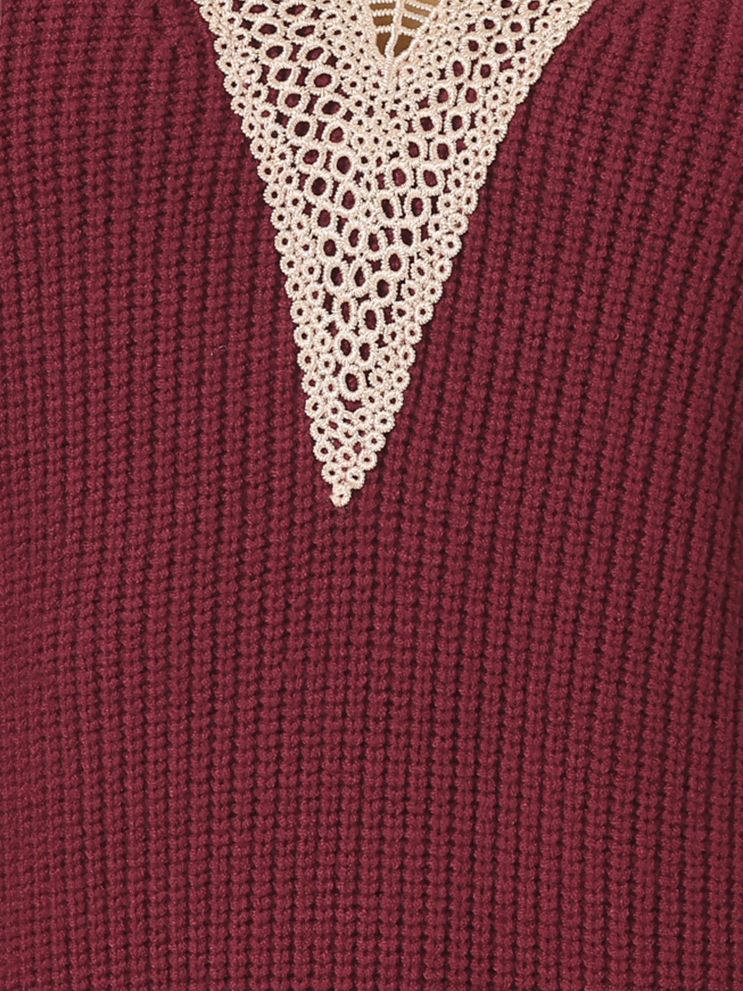 DARING DIVA Long Sleeve Lace V Neck Pullover Sweater Jumper Top S Wine Red