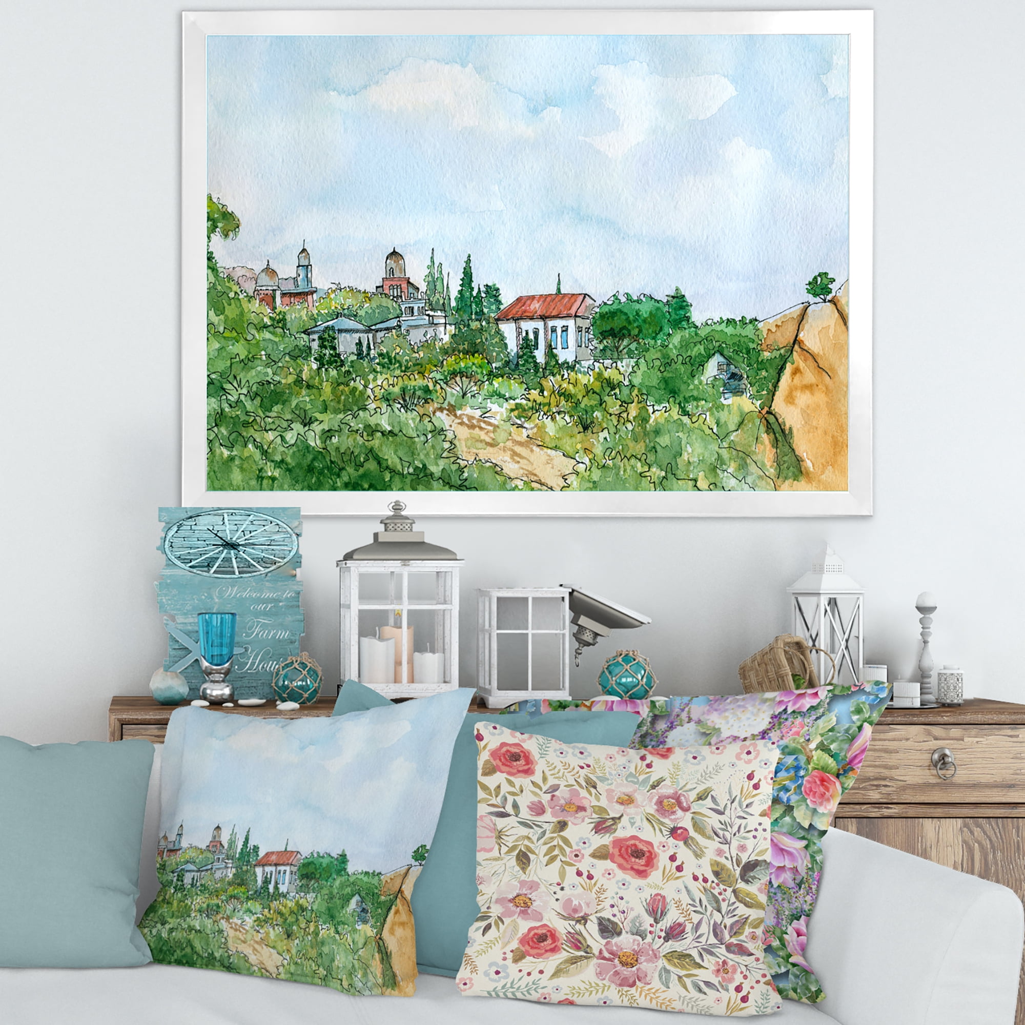 Designart 'White House With Red Roof In The Lush Green Countryside' Traditional Framed Art Print