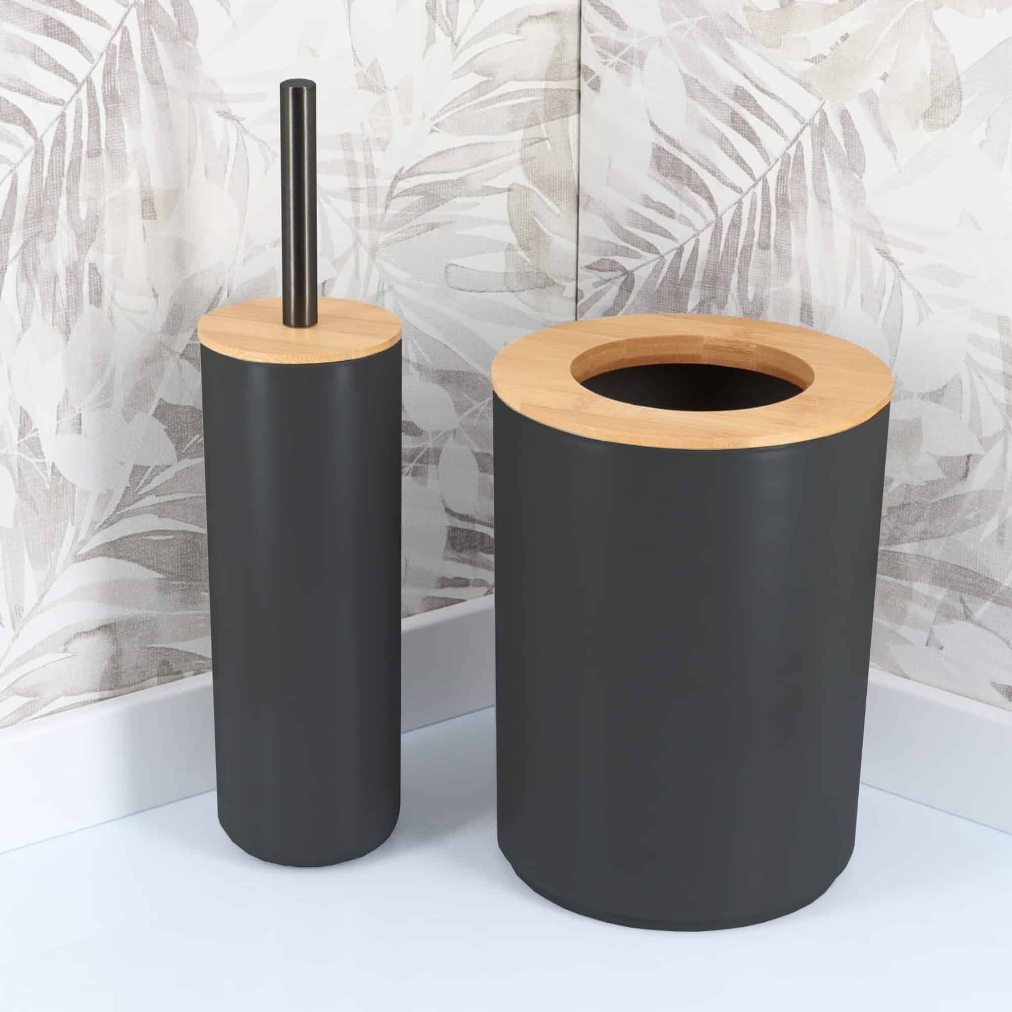 Black Bathroom Trash Can Padang Bamboo Top 1.3 Gal - Stylish and Sustainable 5L Waste Solution