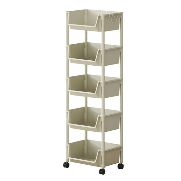 5 Tier Storage Rack with Wheels 11.42x46.46in Plastic Mobile Storage Cart Easy Assembly Multi Layer Organizer for Kitchen Bedroom Bathroom Living Room (White)​