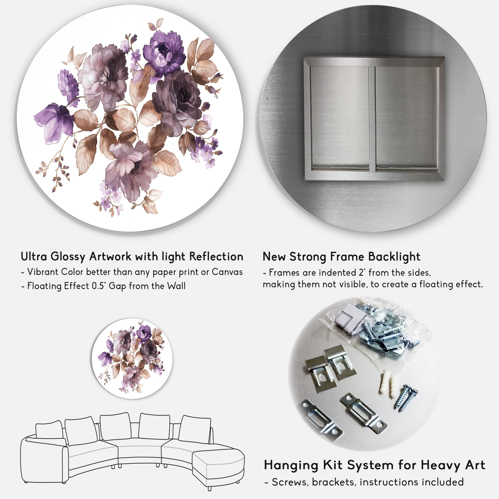 Designart 'Purple Retro Flowers With Brown Leaves On White' Traditional Circle Metal Wall Art 23x23 - Disc of 23