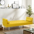 thumbnail image 4 of Modern Velvet Futon Sofa Beds, Upholstered Convertible Sofa Couch with 2 Pillows Removable Square Armrests for Living Room, Small Space, Apartment, Yellow, 4 of 7
