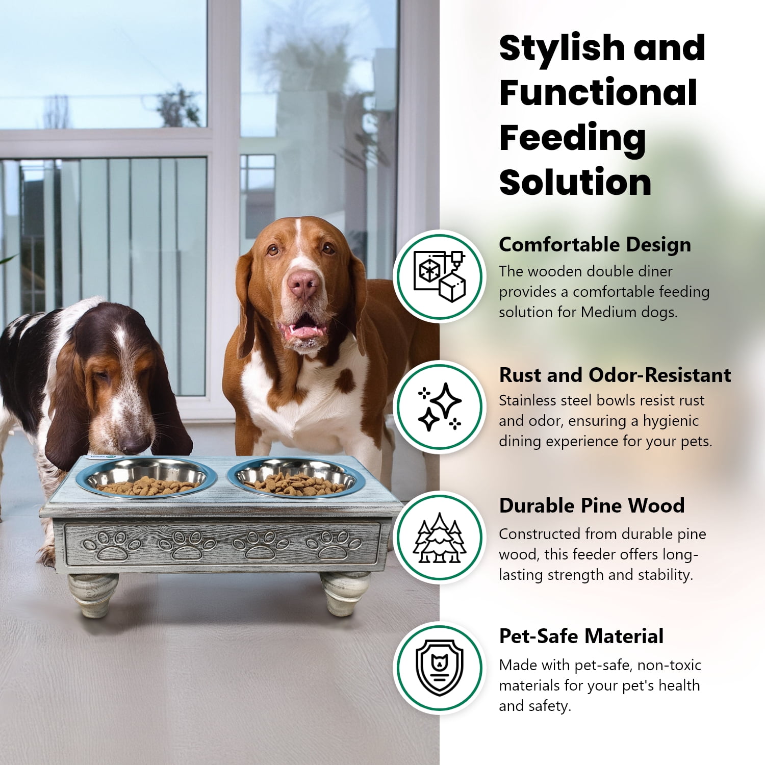 Iconic Pet Raised Wooden Pet Double Diner with Stainless Steel Bowls - Antique Gray - Medium