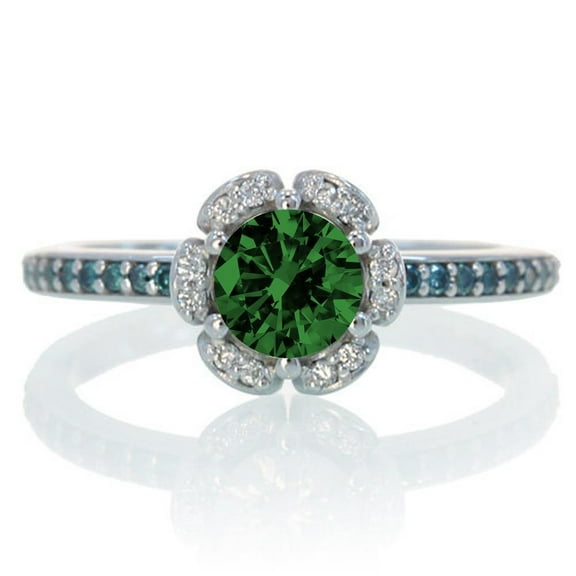 1.75 Carat Unique Flower Halo 6mm Round Cut And Moissanite Diamond Engagement Ring on 10k White Gold