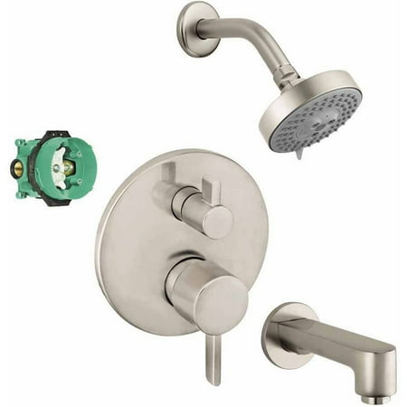- Hansgrohe KST04231-04340-13PC Raindance S 100 3-Jet Showerhead 2.0GPM Kit with Tub Spout Thermostatic Trim with Diverter and Rough-In, Various Colors