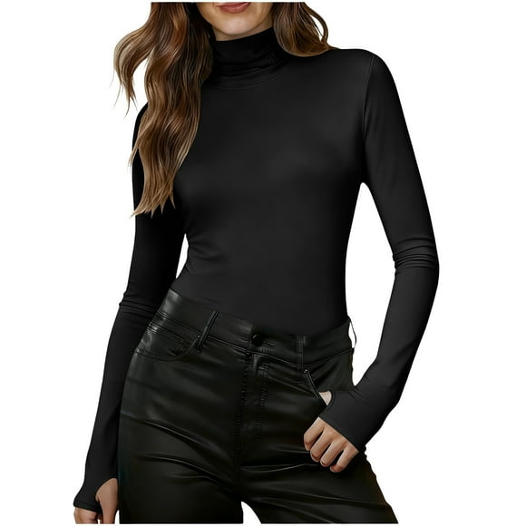 JGGSPWM Women's Turtleneck T-Shirt Long Sleeve Shirts Mock Neck Base Layer Tops Stretchy Slim Fit Undershirts with Thumb Holes Black S