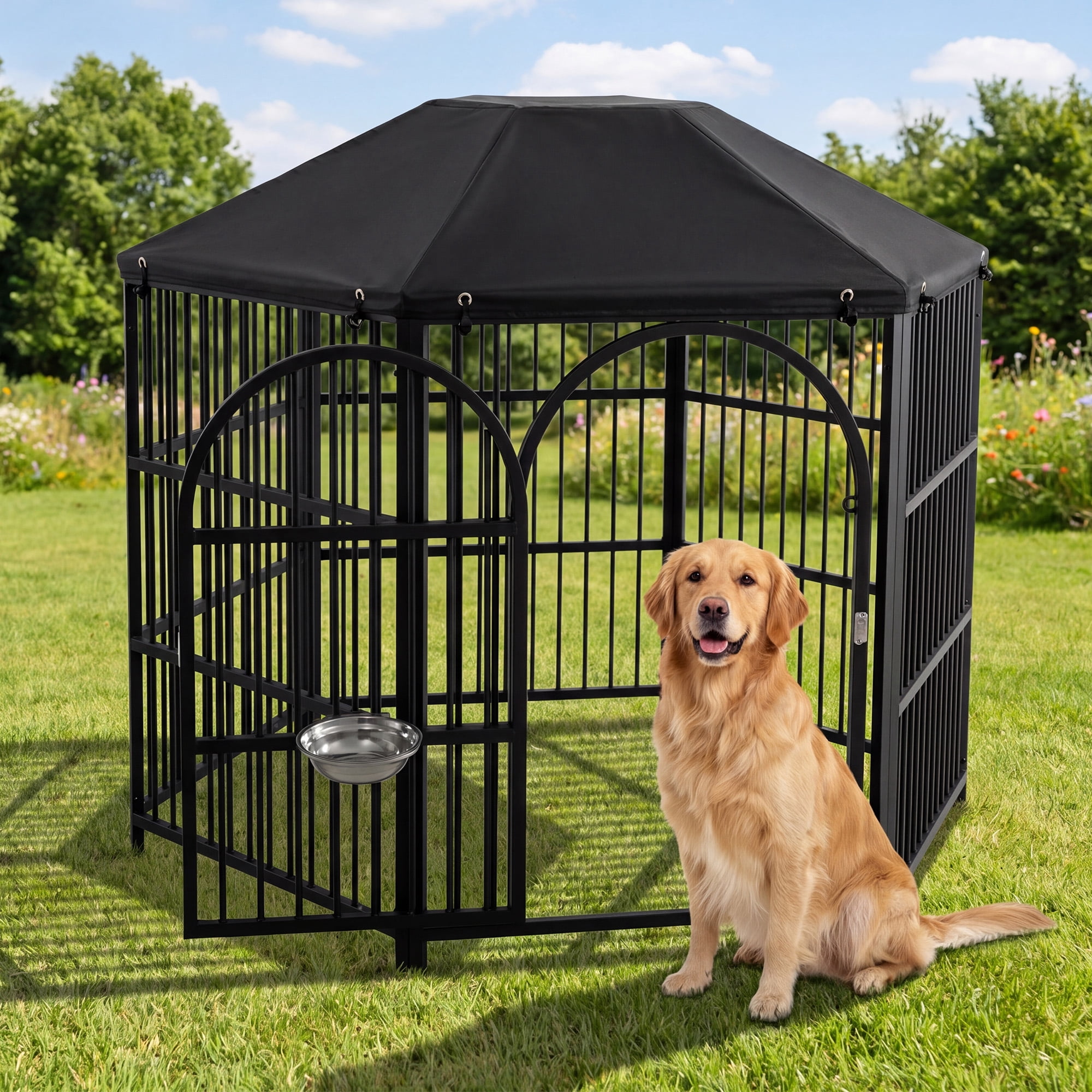 Okeysen 50 inch Hexagon Outdoor Large Dog Kennel with All-Weather Cover, Heavy-Duty Steel Frame, 5 Ground Anchors & Adjustable Bowl Stand