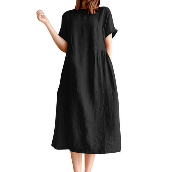 Plus Size Casual Cotton Linen Dress for Women Mock Neck Short Sleeve Summer Loose Flowy Midi Dress with Pockets