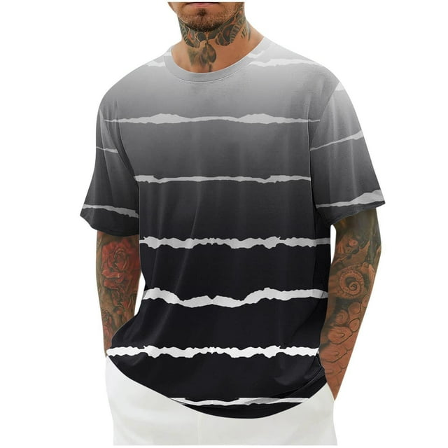 Camisetas de Manga Corta para Hombre, Blusa Casual de Cuello Redondo de Impresión de Gradiente, Camiseta Deportiva de Poliéster de Moda