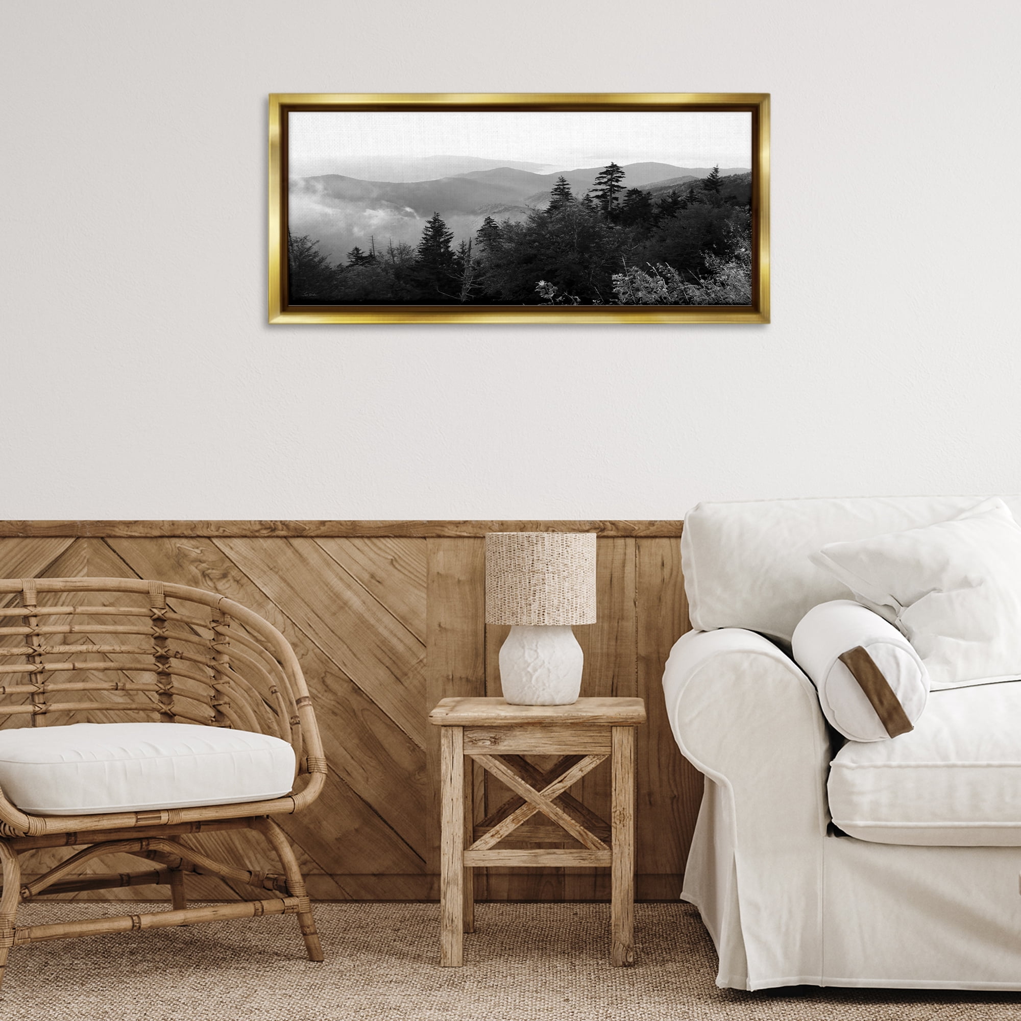 Stupell Industries Mountainous Trees Horizon Landscape & Nature Photography Gold Floater Framed Canvas Art Print Wall Art, 31 x 14