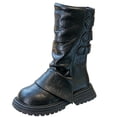 thumbnail image 2 of Girls Fall Winter Fleece Lined Mid-Calf Leather Boots, Long Barrel Princess Style Soft Sole Warm Fashion Daily Matching Dress Boots Black 1, 2 of 7