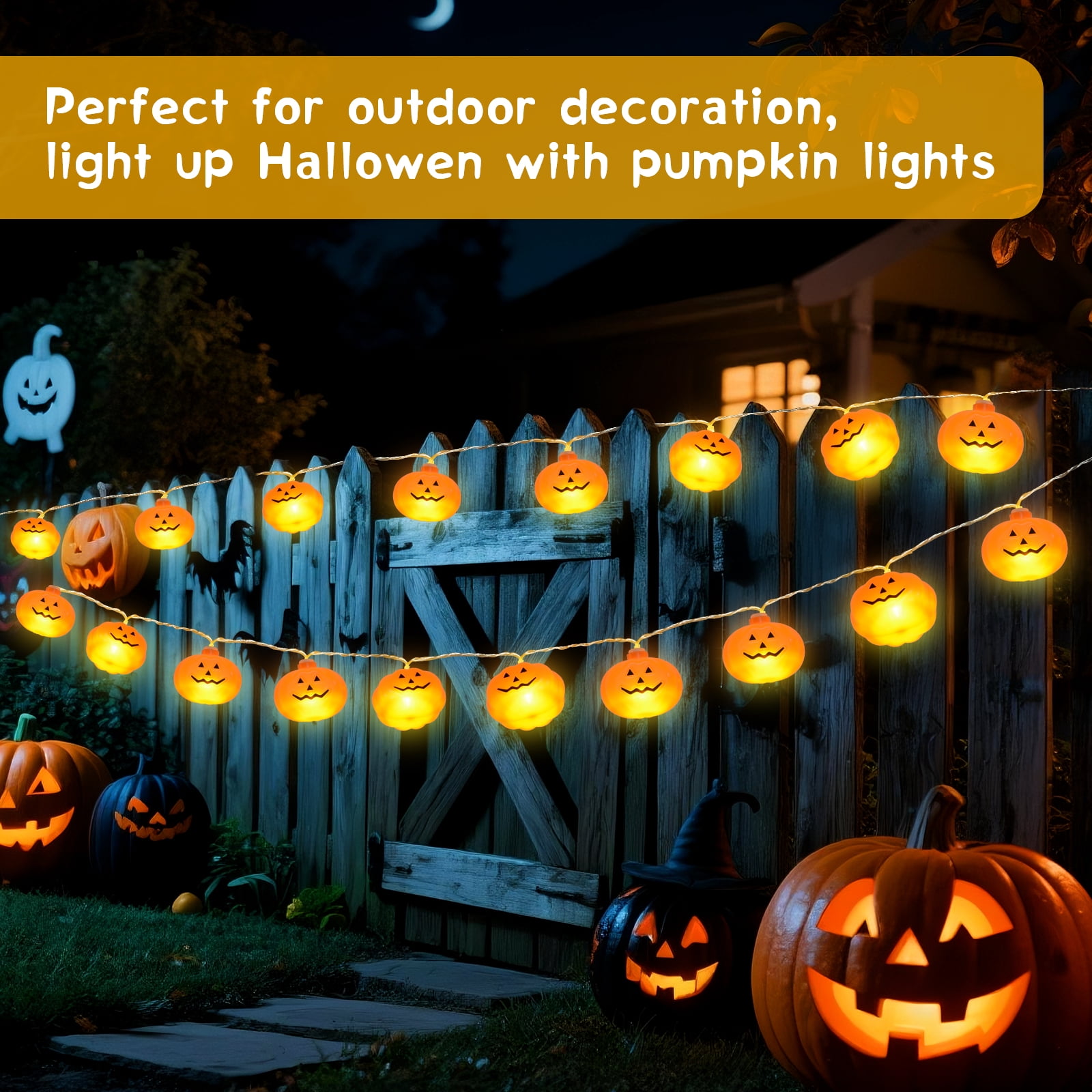 Qoosea Halloween String Lights 14.8ft 30 LED Pumpkin Latern Outdoor Indoor Decoration Orange Holiday Bulbs 8 Modes Battery Operated